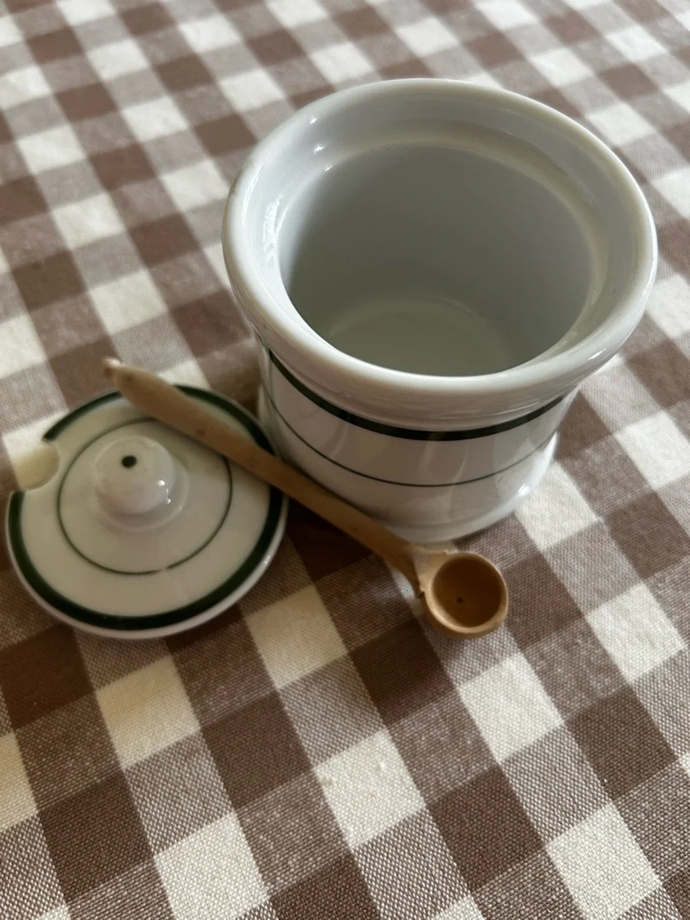 Classic Shenango Restaurant-ware Mustard Pot with Green Stripe & Wooden Spoon